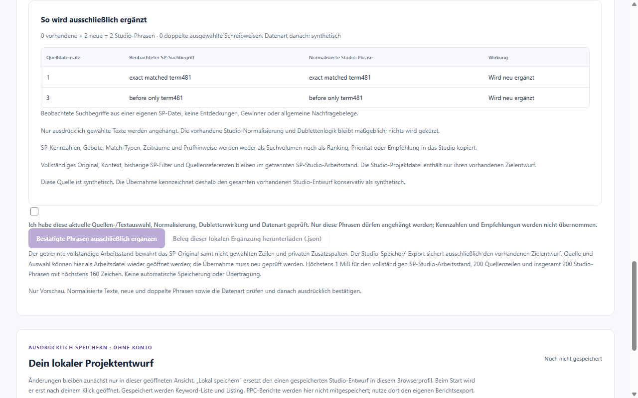 Originalaufnahme aus Brand 0.33.1: bewusste Übernahme beobachteter Suchbegriffe ins bestehende Listing-Studio